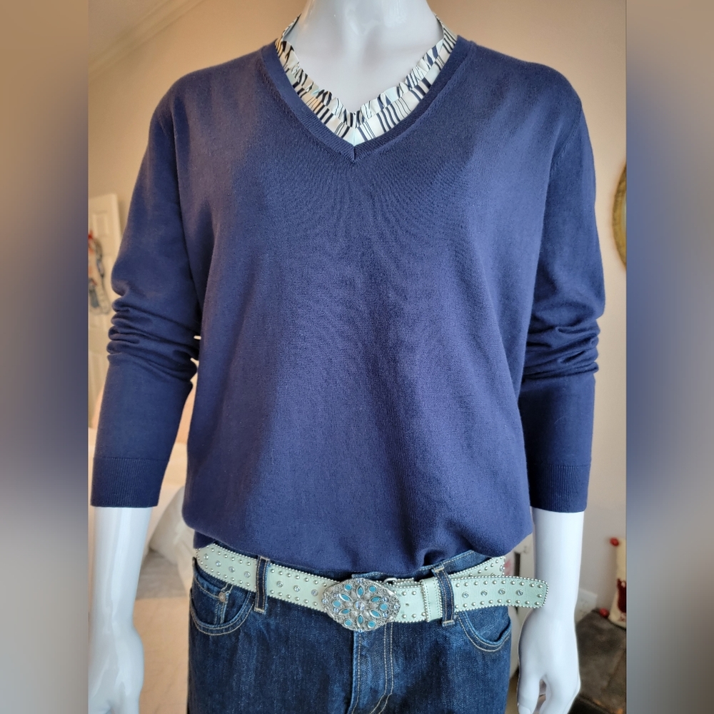 Vineyard Vines Nautical Navy Cotton Blend Women's V-Neck Sweater, Size XL